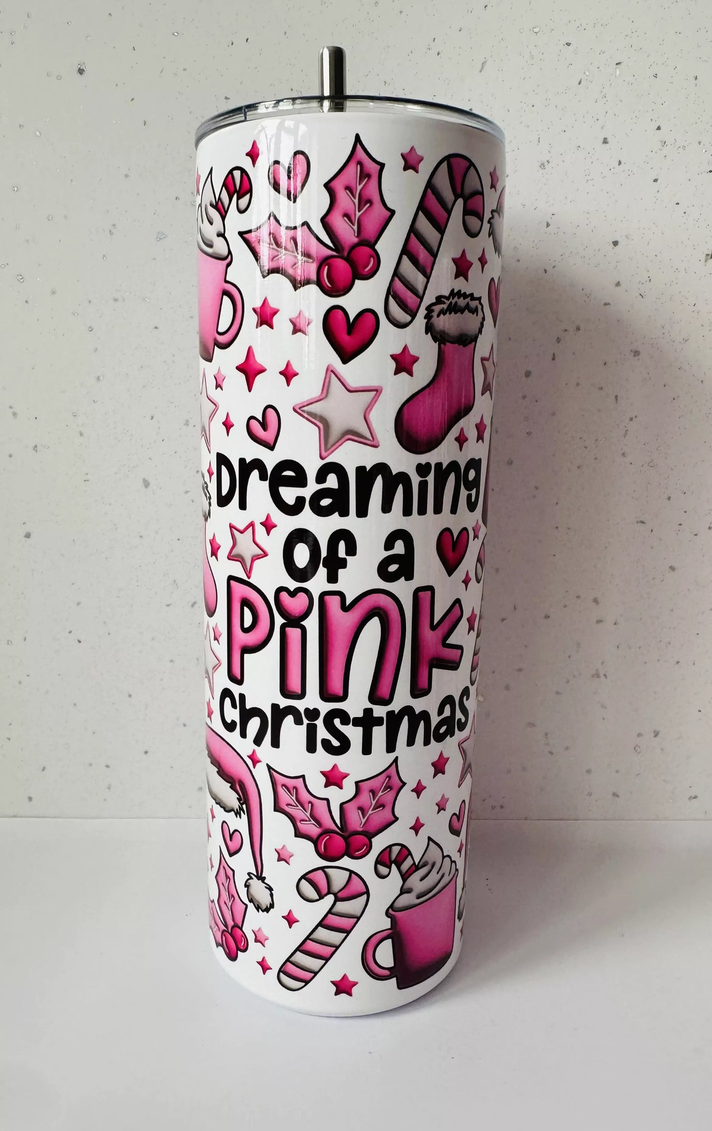 20oz Stainless Steel Tumbler – With Lid & Straw - Dreaming of a Pink Xmas