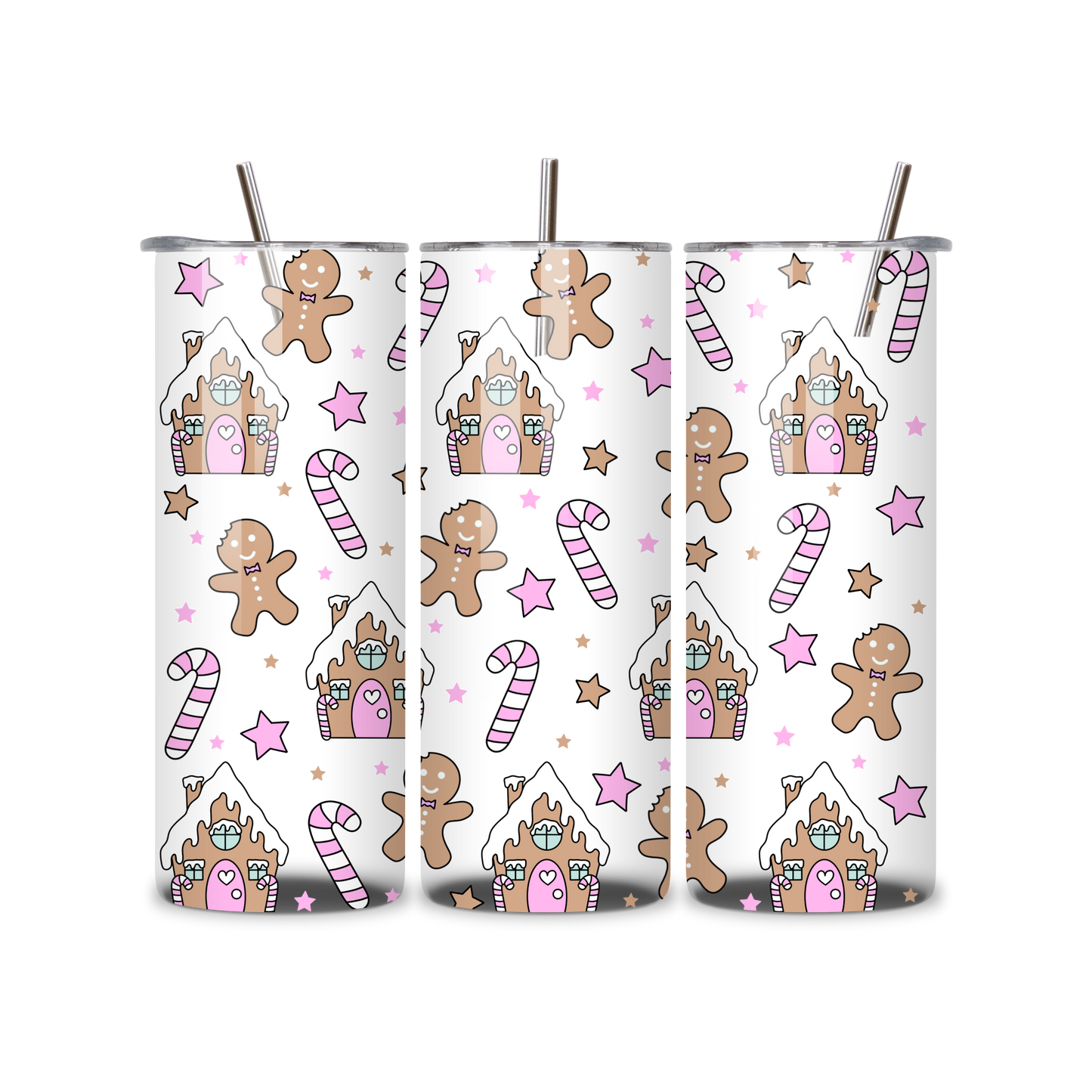 20oz Stainless Steel Tumbler – With Lid & Straw Gingerbread house White