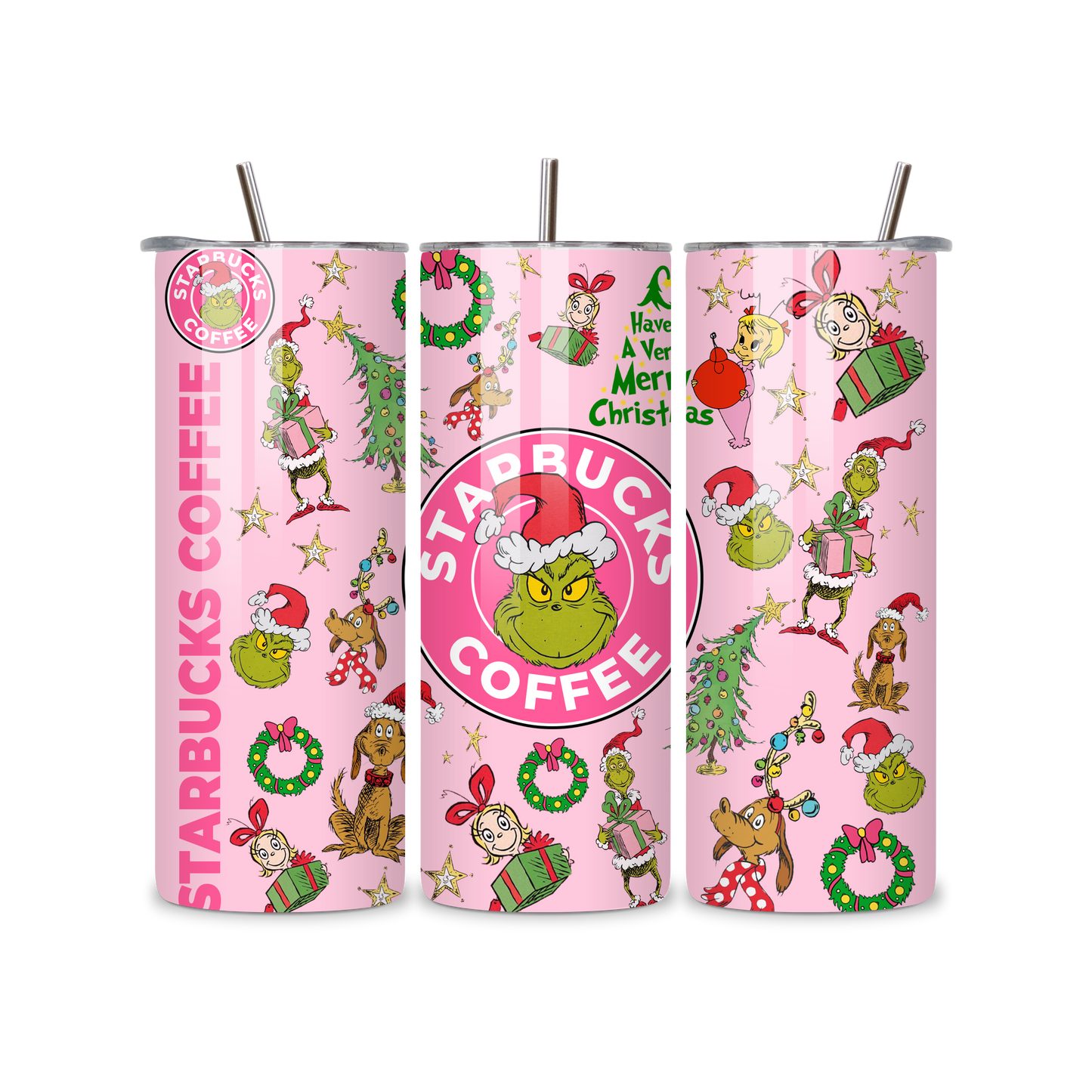 20oz Stainless Steel Tumbler – With Lid & Straw - Starbucks coffee grinch pink