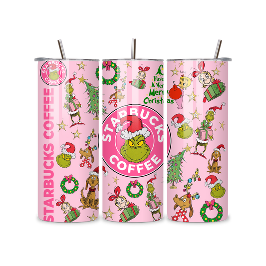 20oz Stainless Steel Tumbler – With Lid & Straw - Starbucks coffee grinch pink