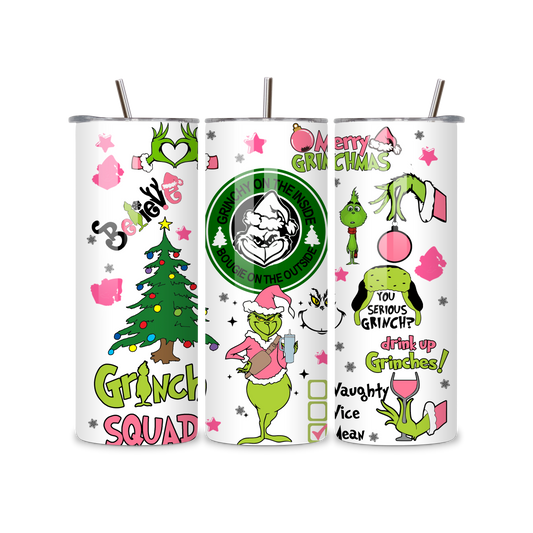 20oz Stainless Steel Tumbler – With Lid & Straw Grinch squad