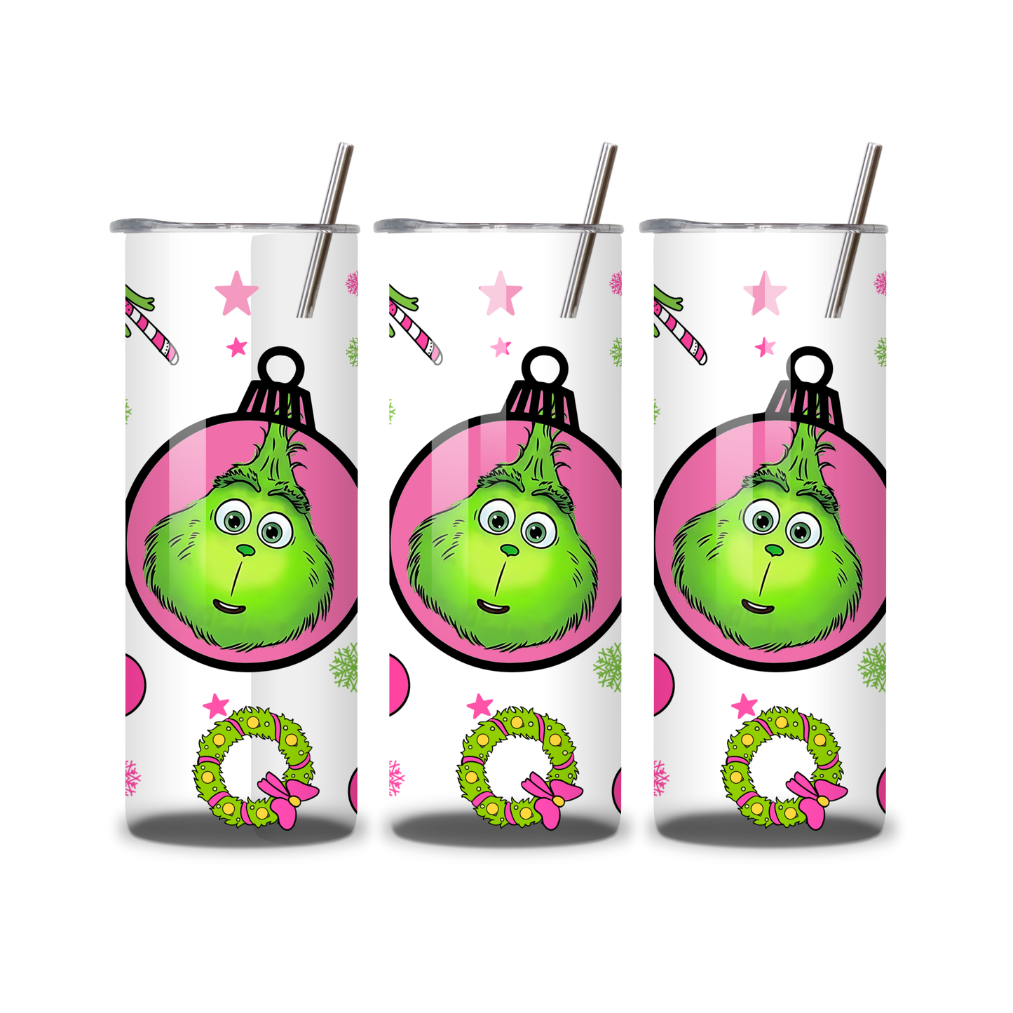 20oz Stainless Steel Tumbler – With Lid & Straw - Grinch bauble