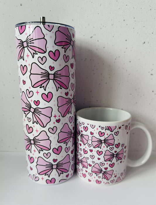Drinkware Bundle – 20oz Tumbler + 11oz Mug - Pink Bows