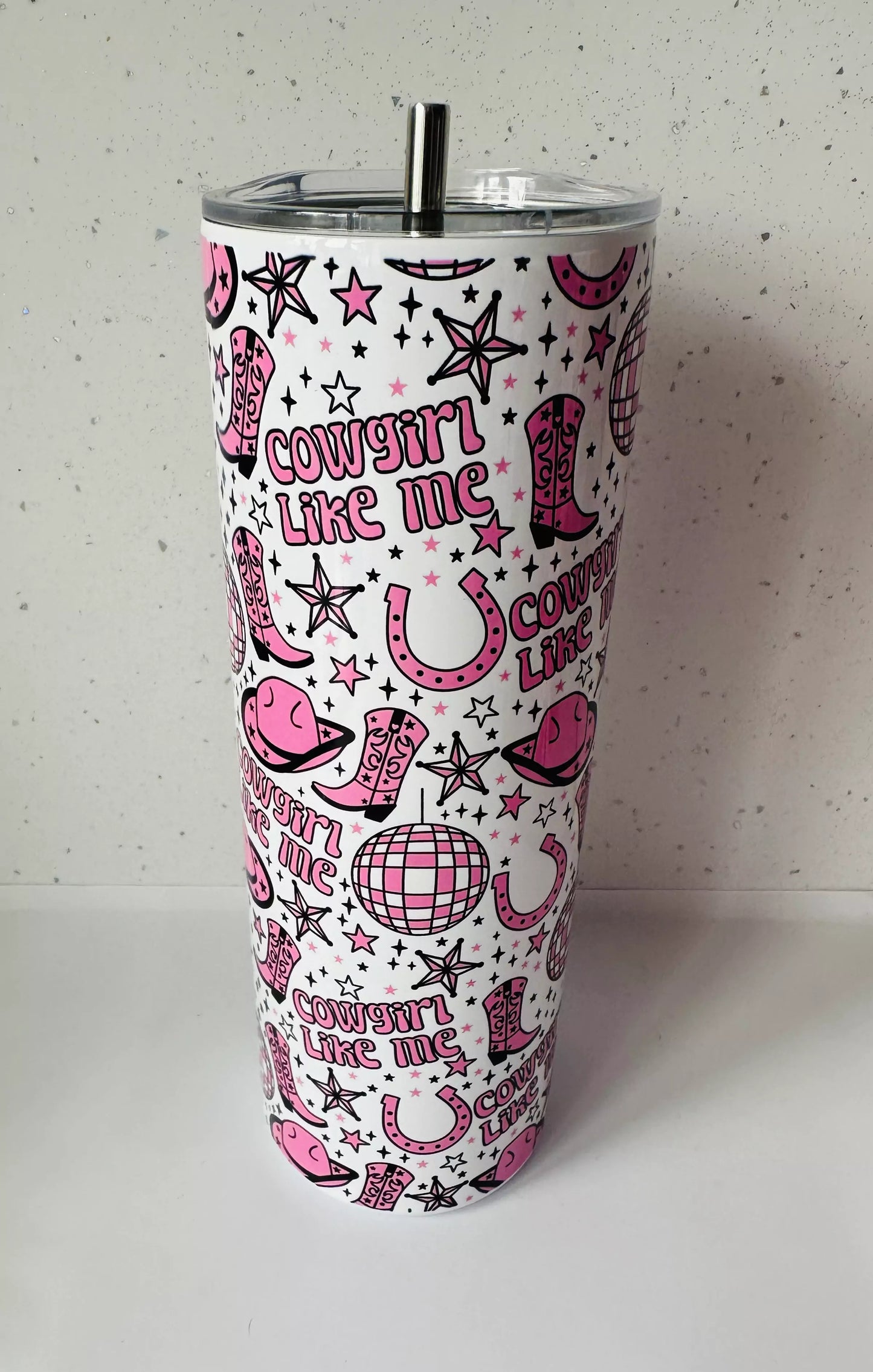 20oz Stainless Steel Tumbler – With Lid & Straw - Cowgirl Like Me Pink
