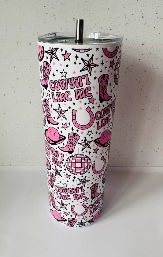20oz Stainless Steel Tumbler – With Lid & Straw - Cowgirl Like Me Pink