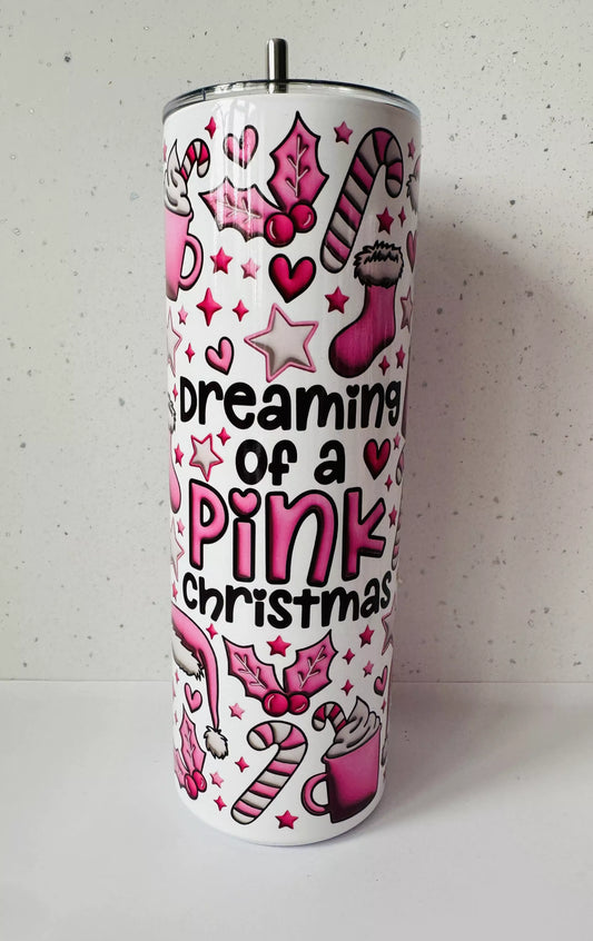 20oz Stainless Steel Tumbler – With Lid & Straw - Dreaming of a Pink Xmas