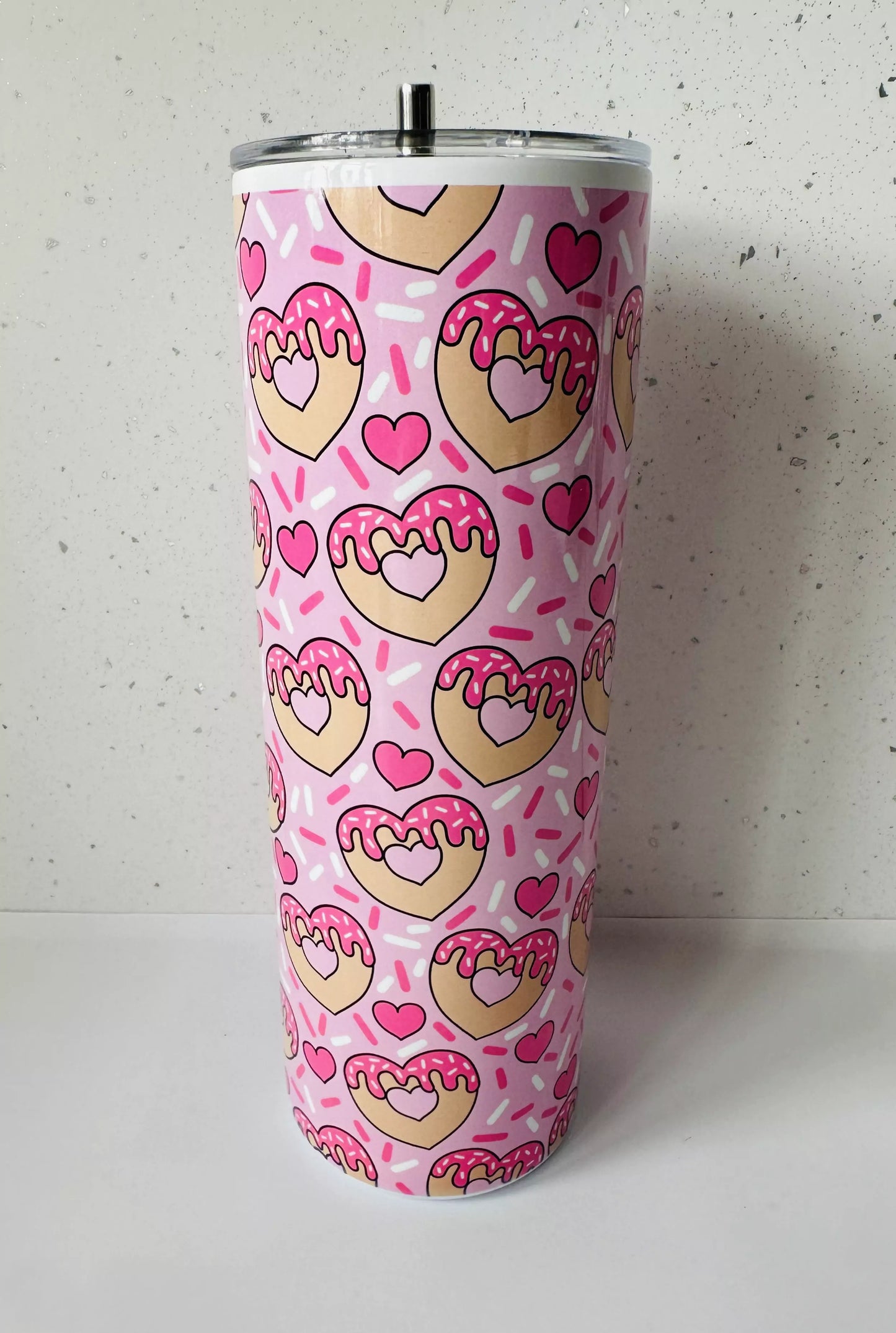 20oz Stainless Steel Tumbler – With Lid & Straw - Heart Doughnut