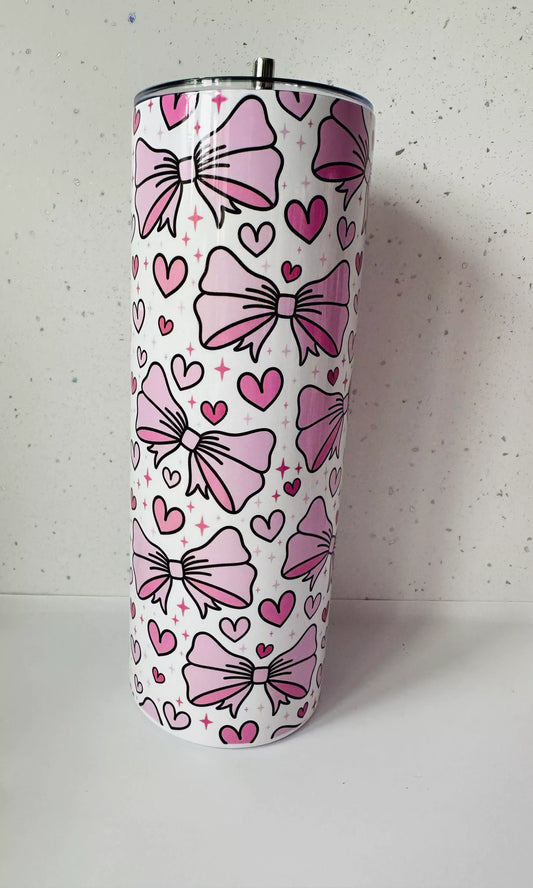 20oz Stainless Steel Tumbler – With Lid & Straw - Pink Bows