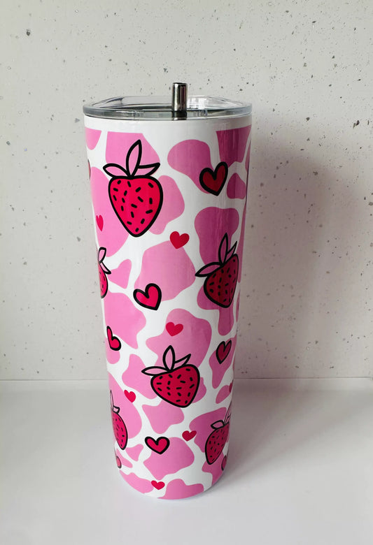 20oz Stainless Steel Tumbler – With Lid & Straw - Pink Strawberry