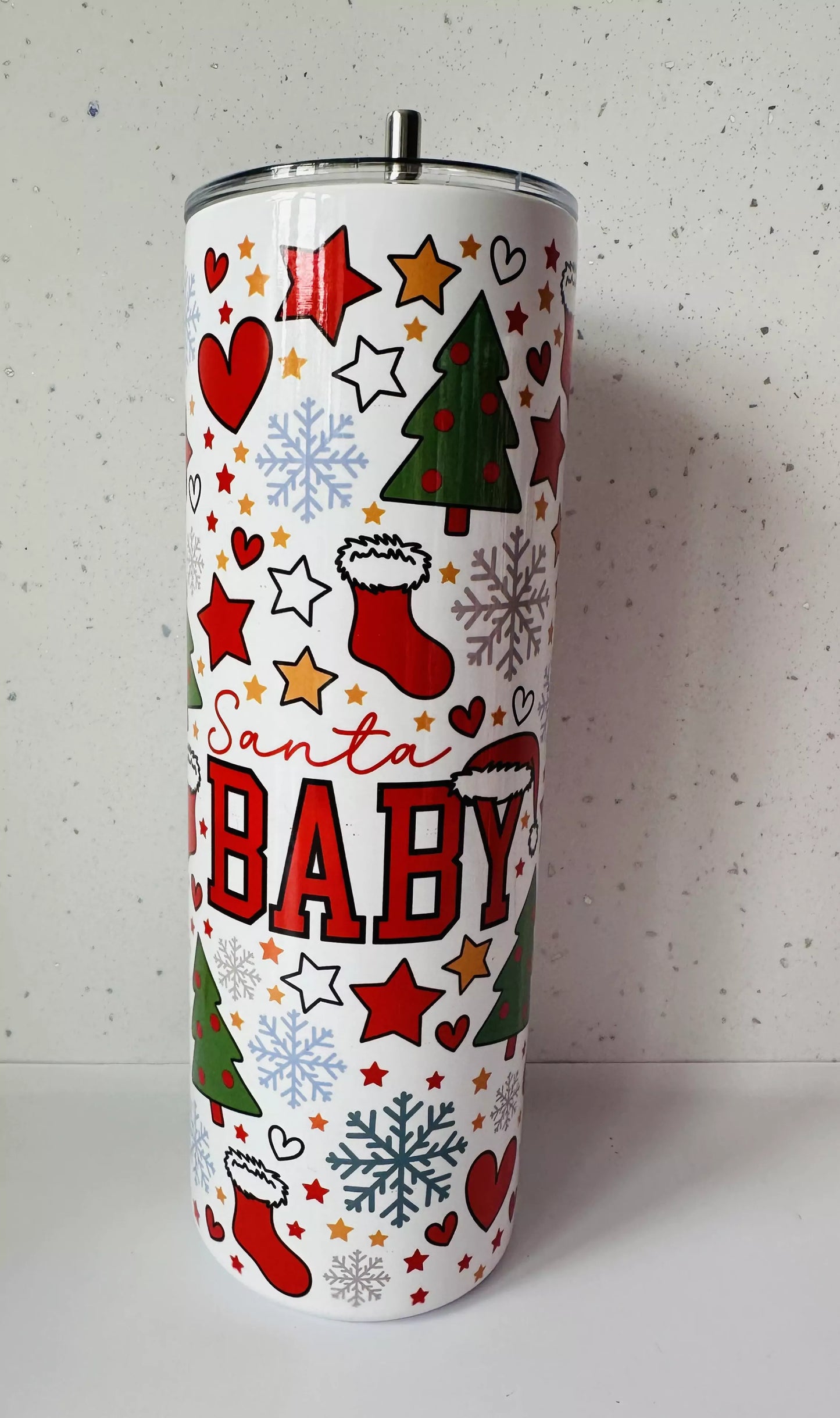 20oz Stainless Steel Tumbler – With Lid & Straw - Santa Baby Xmas
