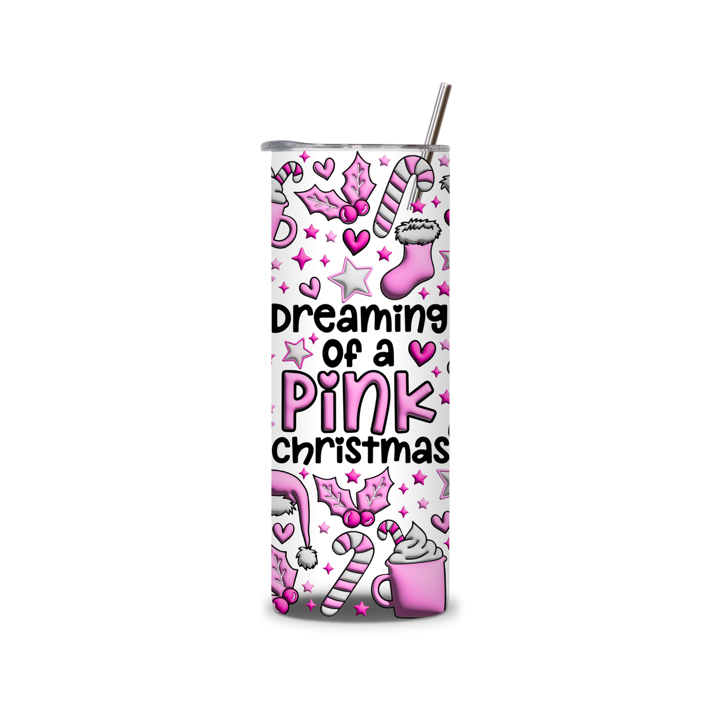 20oz Stainless Steel Tumbler – With Lid & Straw - Dreaming of a pink xmas