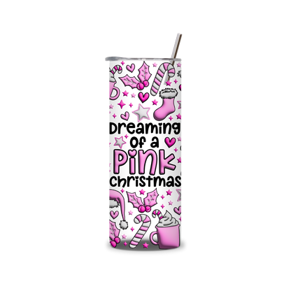 20oz Stainless Steel Tumbler – With Lid & Straw - Dreaming of a pink xmas