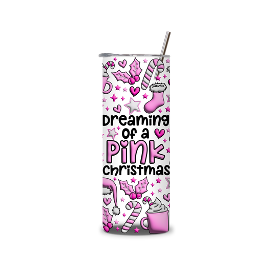20oz Stainless Steel Tumbler – With Lid & Straw - Dreaming of a pink xmas