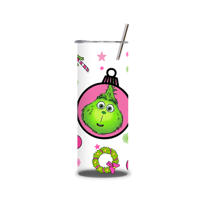 20oz Stainless Steel Tumbler – With Lid & Straw - Grinch bauble