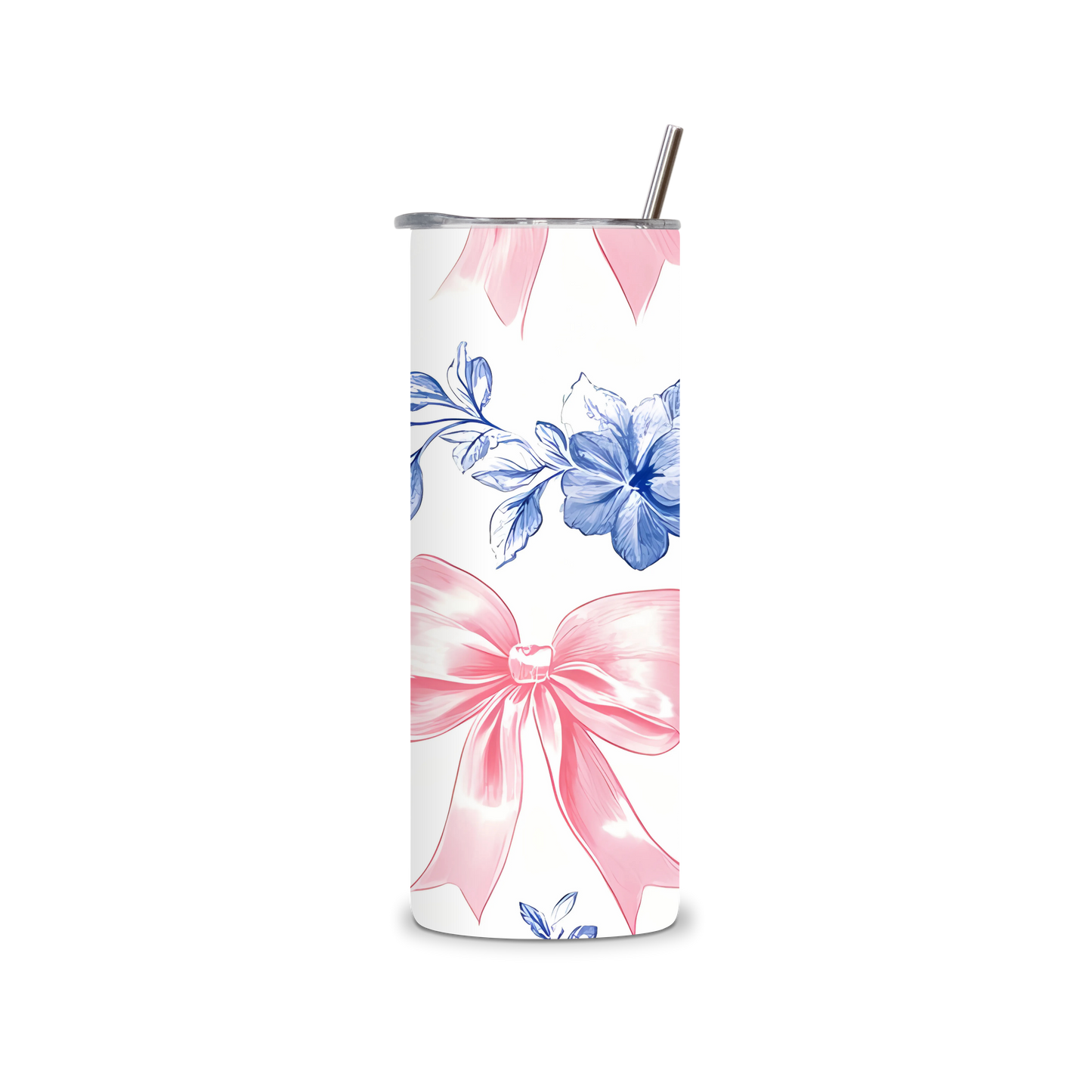 20oz Stainless Steel Tumbler – With Lid & Straw - Pink bow blue flower