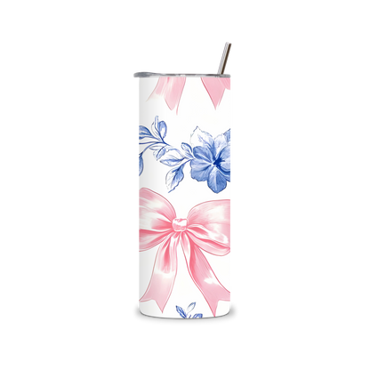 20oz Stainless Steel Tumbler – With Lid & Straw - Pink bow blue flower
