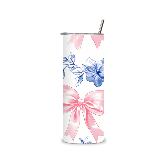 20oz Stainless Steel Tumbler – With Lid & Straw - Pink bow blue flower