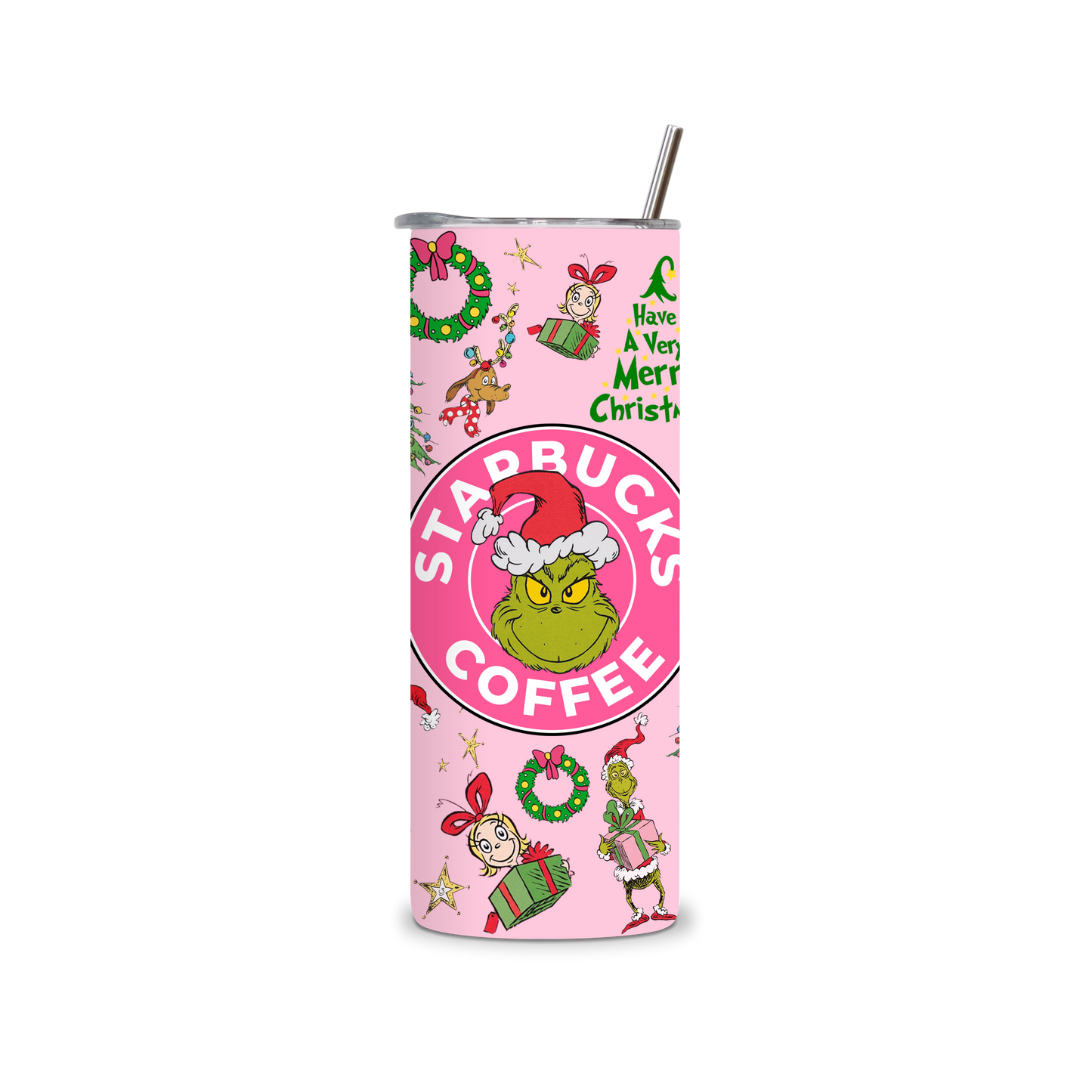 20oz Stainless Steel Tumbler – With Lid & Straw - Starbucks coffee grinch pink