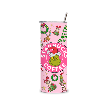 20oz Stainless Steel Tumbler – With Lid & Straw - Starbucks coffee grinch pink