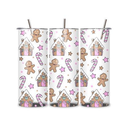 20oz Stainless Steel Tumbler – With Lid & Straw Gingerbread house White