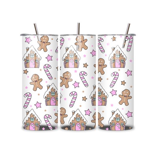 20oz Stainless Steel Tumbler – With Lid & Straw Gingerbread house White