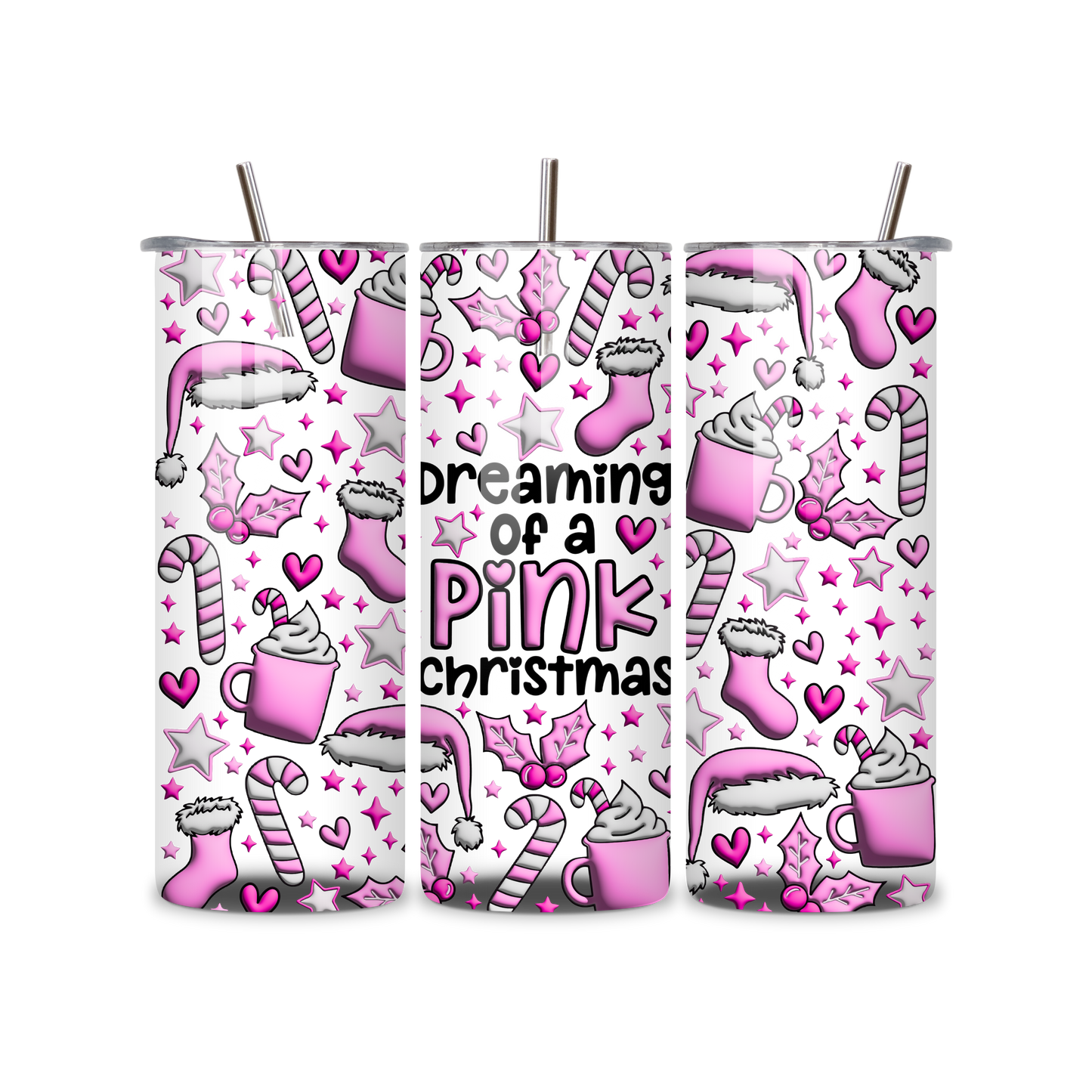 20oz Stainless Steel Tumbler – With Lid & Straw - Dreaming of a pink xmas