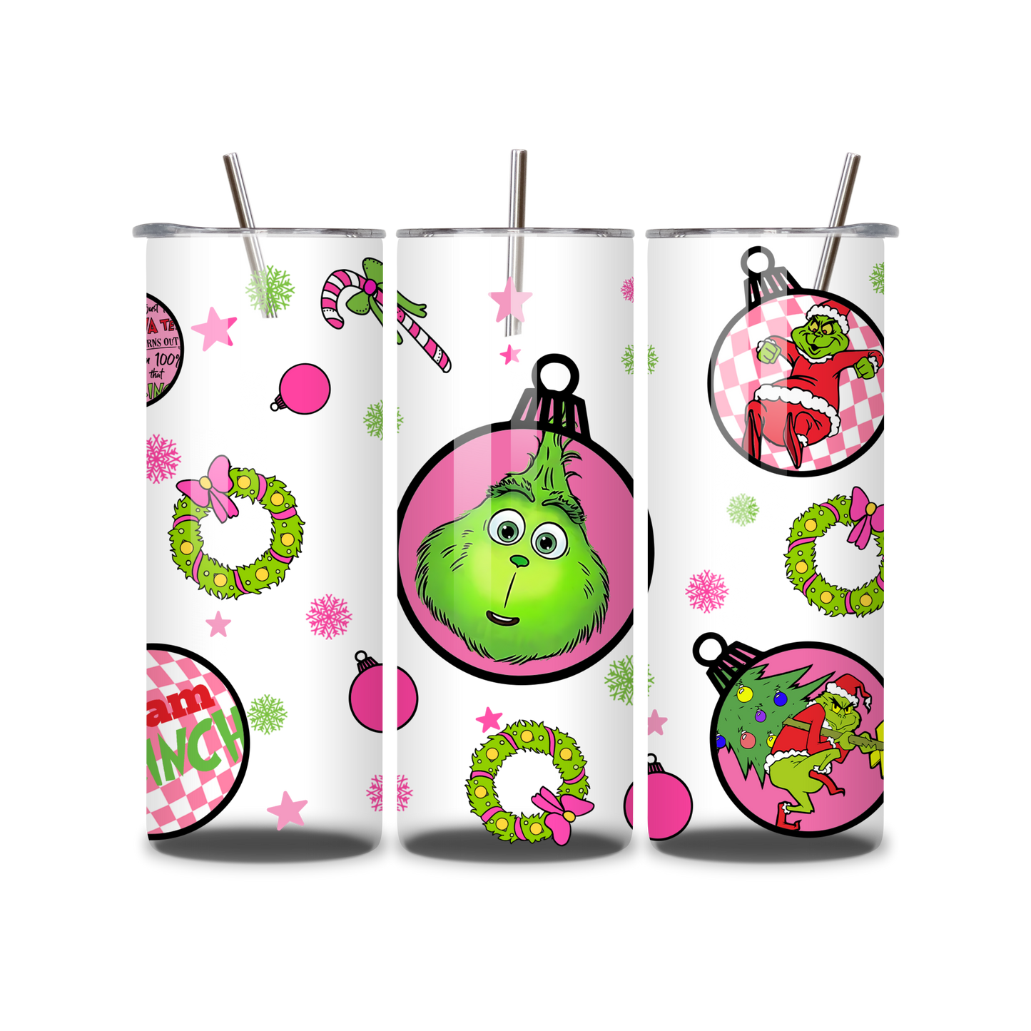 20oz Stainless Steel Tumbler – With Lid & Straw - Grinch bauble