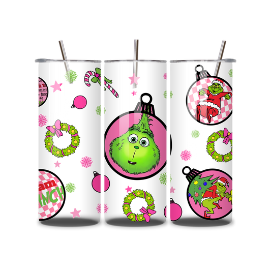 20oz Stainless Steel Tumbler – With Lid & Straw - Grinch bauble