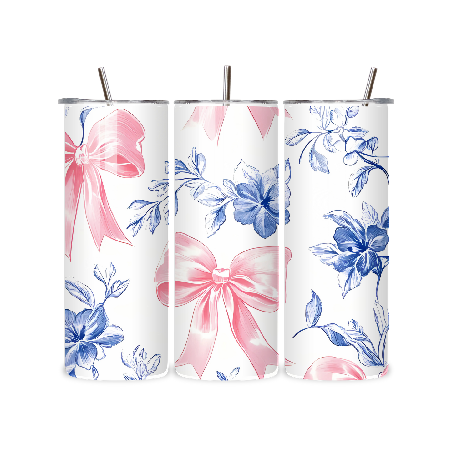 20oz Stainless Steel Tumbler – With Lid & Straw - Pink bow blue flower