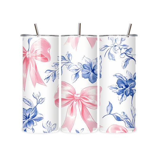 20oz Stainless Steel Tumbler – With Lid & Straw - Pink bow blue flower