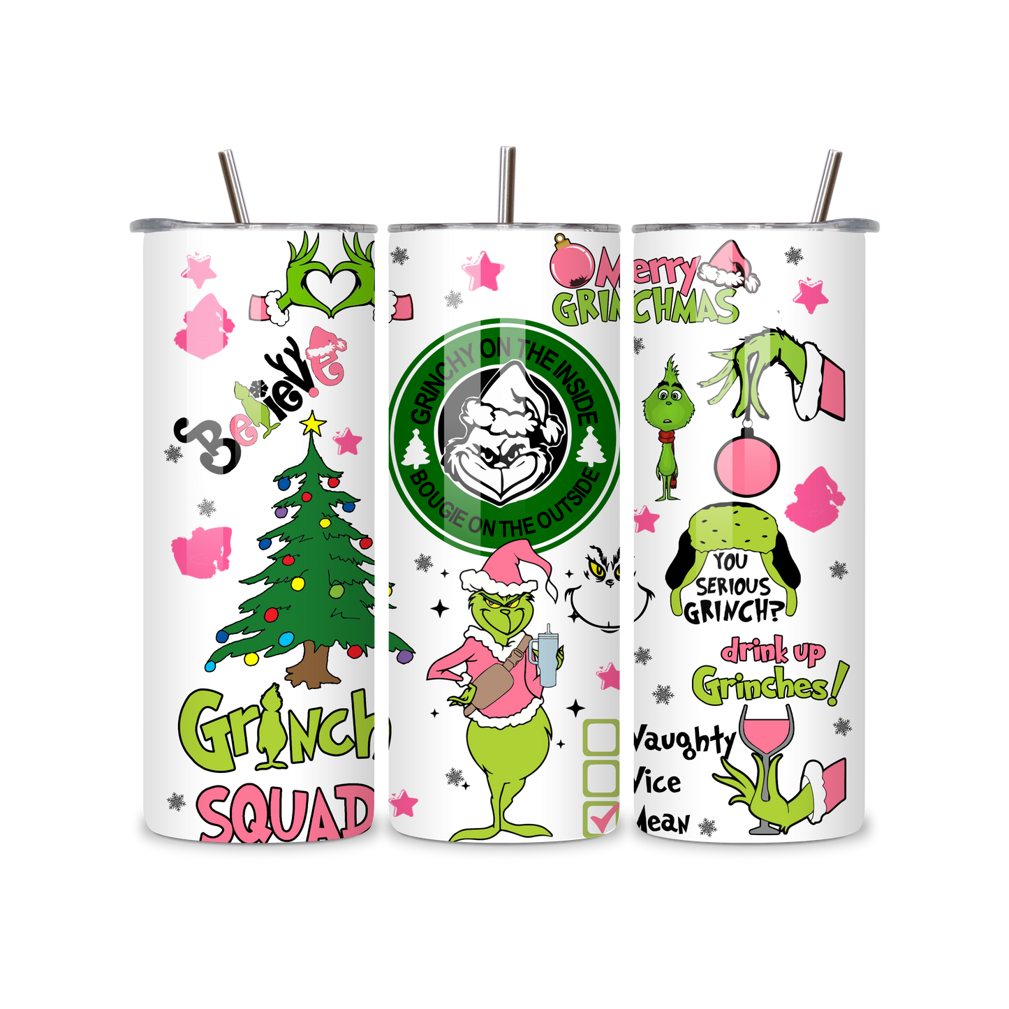 20oz Stainless Steel Tumbler – With Lid & Straw Grinch squad