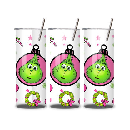20oz Stainless Steel Tumbler – With Lid & Straw - Grinch bauble